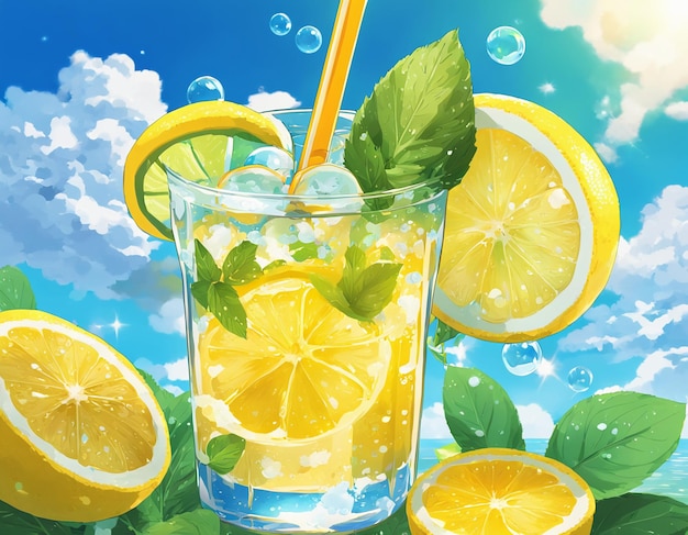 Iced lemon drink straw glass cool illustration hand drawn cartoon anime wallpaper