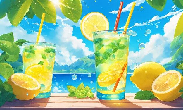 Iced lemon drink straw glass cool illustration hand drawn cartoon anime wallpaper