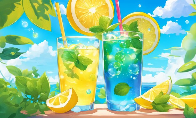 Photo iced lemon drink straw glass cool illustration hand drawn cartoon anime wallpaper