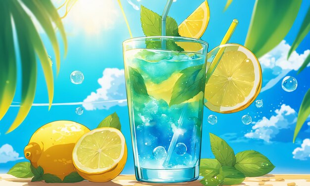 Iced lemon drink straw glass cool illustration hand drawn cartoon anime wallpaper