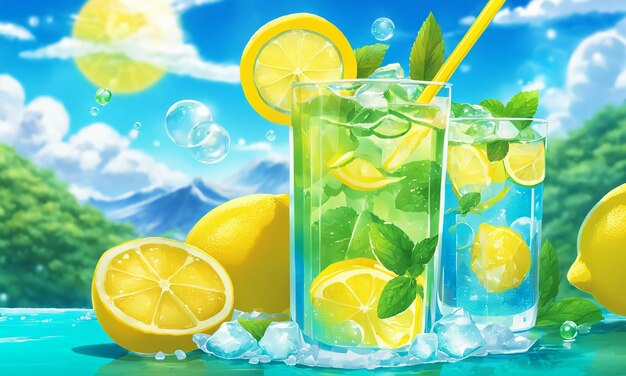 Iced lemon drink straw glass cool illustration hand drawn cartoon anime wallpaper