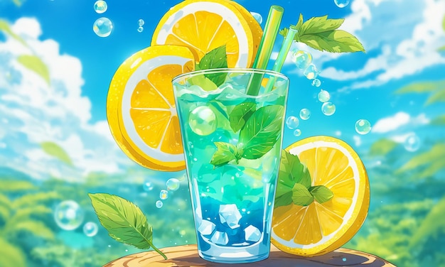 Iced lemon drink straw glass cool illustration hand drawn cartoon anime wallpaper