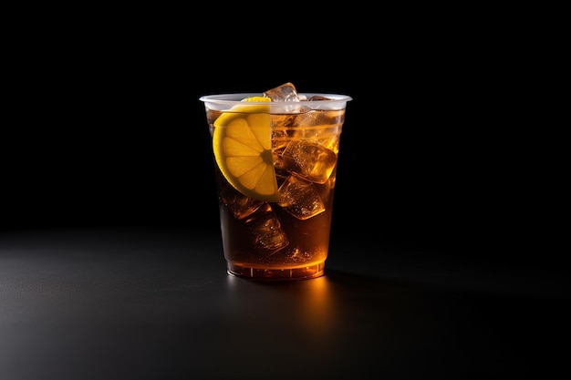 Iced lemon tea on plastic takeaway glass isolated on dark background