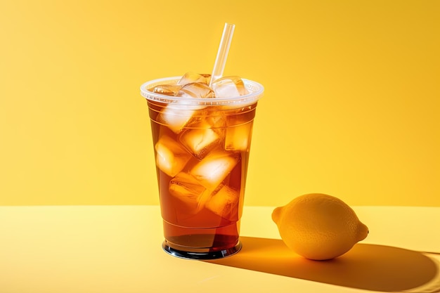 Iced lemon tea on plastic takeaway glass