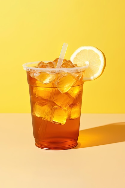 Iced lemon tea on plastic takeaway glass