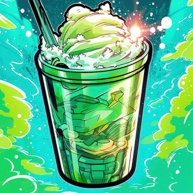 Iced matcha latte in an art style
