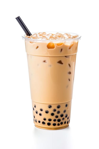 iced milk tea and bubble boba in the plastic glass on the white background