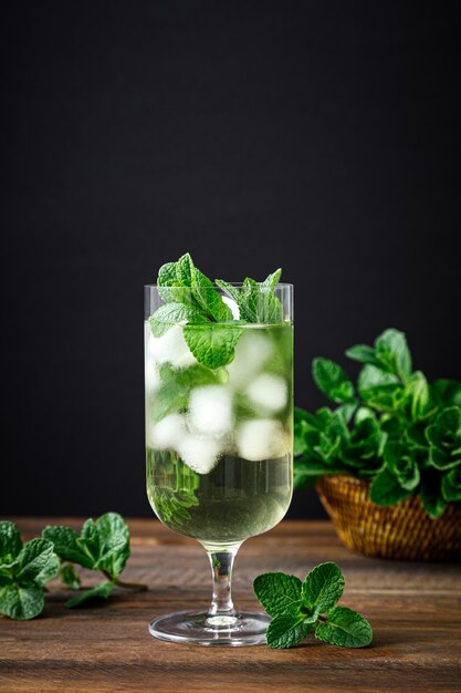 Iced mint tea refreshing herbal drink in a glass with ice and fresh leaves on dark background