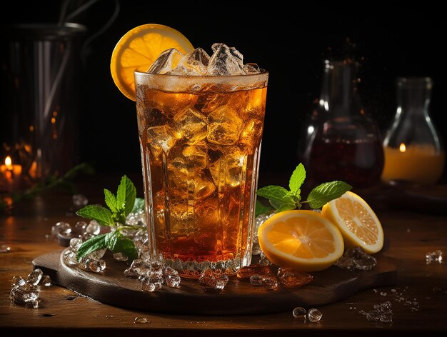 iced tea in a glass with a straw on a wooden board with a splash of water