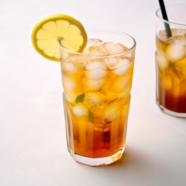 Iced tea lemon in glass neutral background poor quality