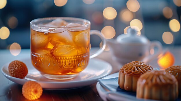 Photo iced tea and mooncakes on elegant glass table bokeh lights