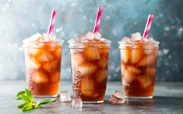 Ледяной чай в пластиковых чашках с соломинкой рекламная фотография еды