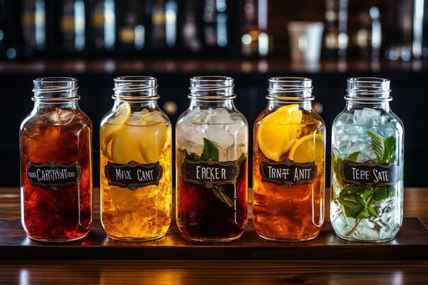 Iced tea served in glass bottles with retro labels and metal caps