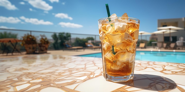 iced tea with ice on the background of the pool Generative AI