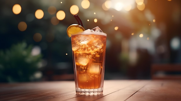 Iced tea with ice cubes and apricots on wooden table