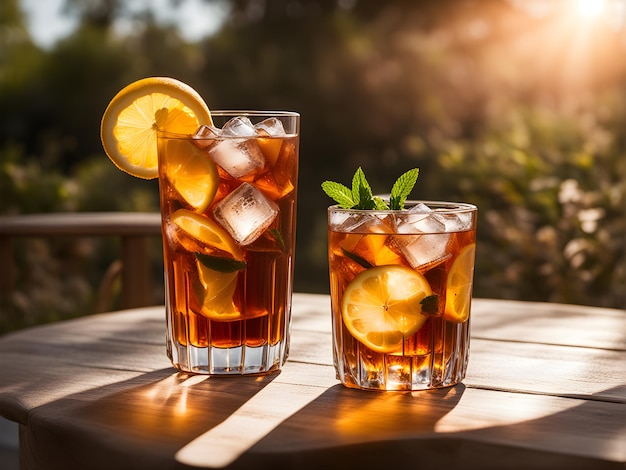 iced tea with ice and lemon outdoors