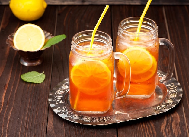 Iced tea with lemon and fresh mint