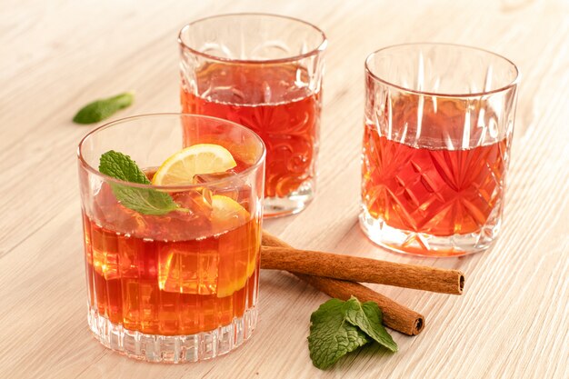 Iced tea with lemon and ice in a glass