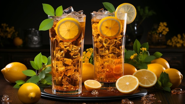 Photo iced tea with lemon and ice in tall glasses