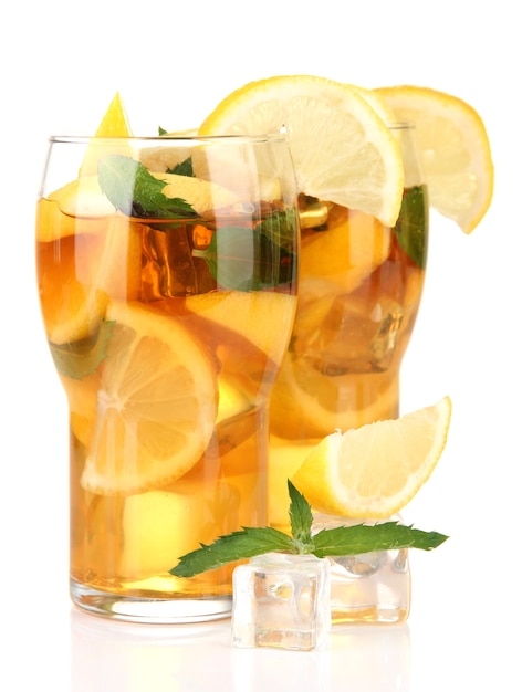 Iced tea with lemon and mint isolated on white