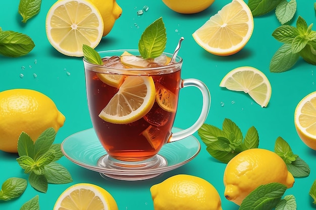 Photo iced tea with lemon and mint splash generative ai