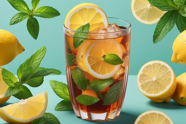 Iced tea with lemon and mint splash generative ai