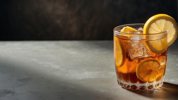 Iced tea with lemon slice in a glass cup