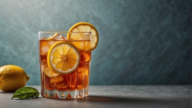 Iced tea with lemon slice in a glass cup