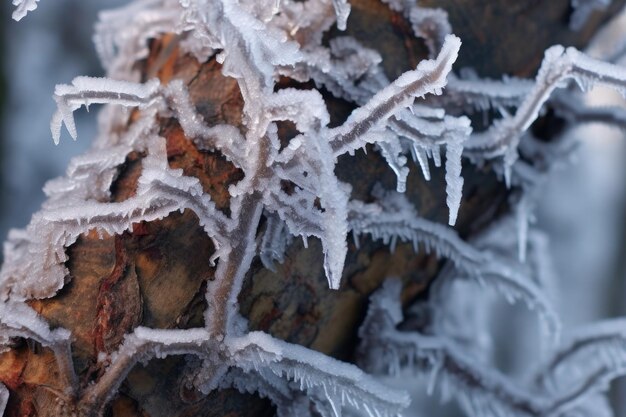 생성 인공 지능으로 만든 Iceencrusted 나무 줄기 근접 촬영