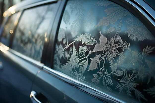 Ледяные цветы замерзли, лед холодный мороз образует кристаллы льда красивыми уникальными узорами на капоте окна и дворнике на стекле.