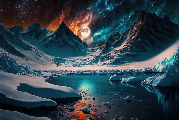 Icelake in a Fantasy Colorful Night Covered in Snow