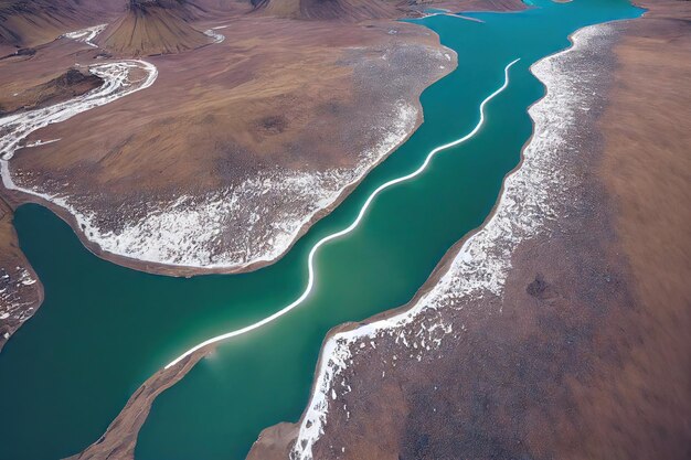 Iceland aerial river with winding banks and bright turquoise water