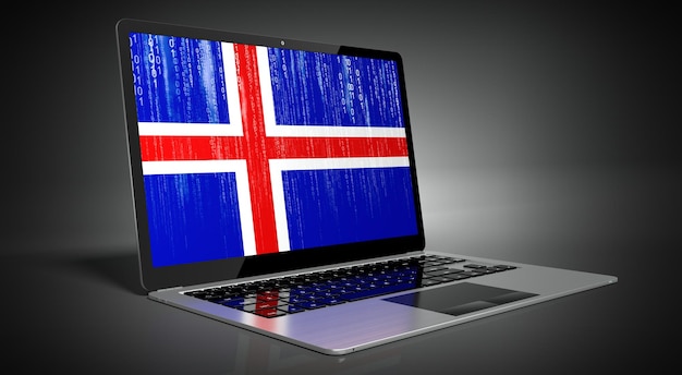 Foto bandiera del paese islandese e codice binario sull'illustrazione 3d dello schermo del laptop