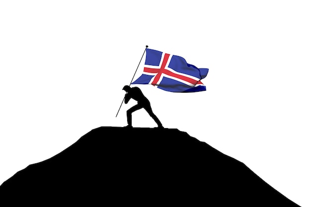 Iceland flag being pushed into mountain top by a male silhouette 3D Rendering