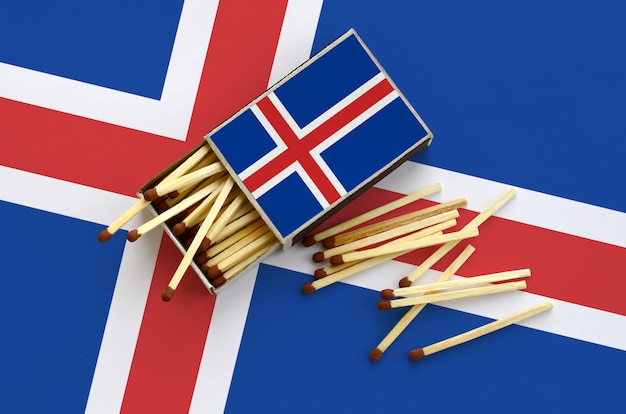 Флаг Исландии показан на открытой спичечной коробке, из которой выпадает несколько матчей, и лежит на большом флаге