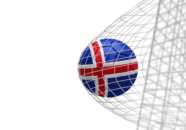 Iceland flag soccer ball scores a goal in a net