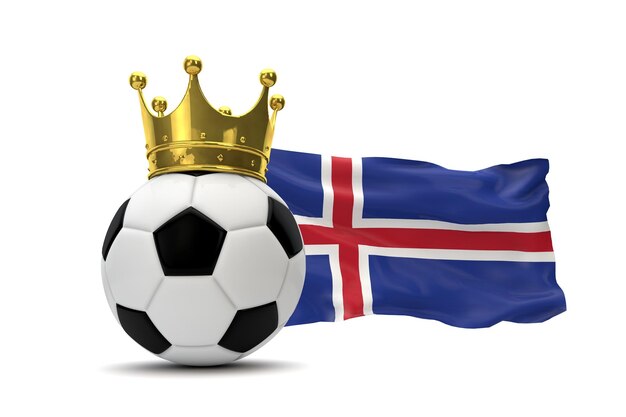 Iceland flag and soccer ball with gold crown 3D Rendering