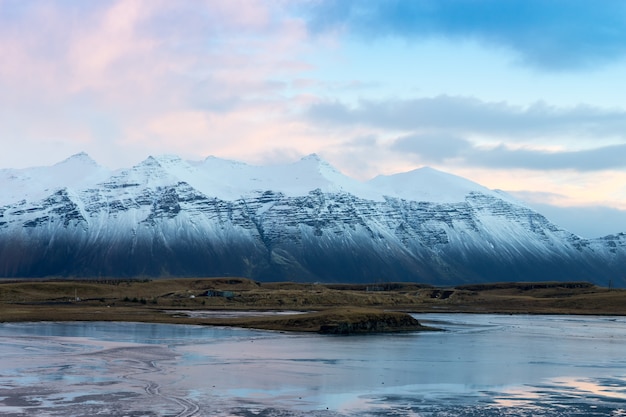 Iceland Hofn, Jan, 2017. Icelandic mountain. This mountain was located near the end of massive glacier in Iceland. The mountain is covered with snow.