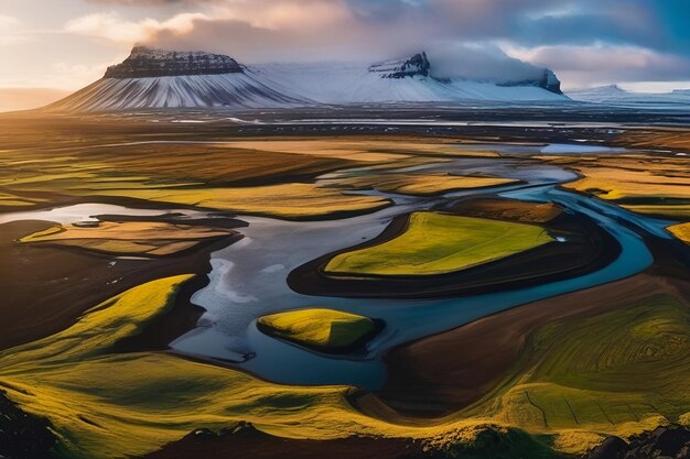 Iceland Landscape spring panorama at sunset