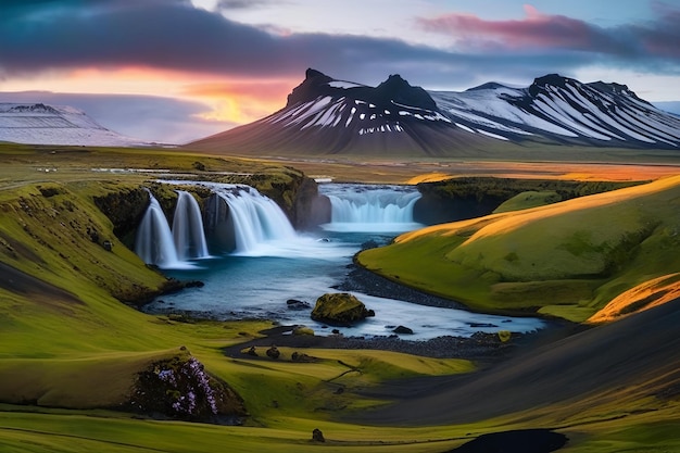 Ландшафтная весенняя панорама Исландии при заходе солнца