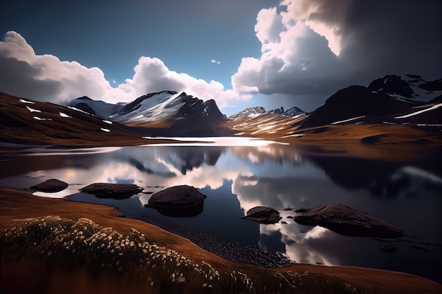 Foto paesaggio islandese con laghi, montagne e nuvole grigie arte generativa di ia bella vista drammatica