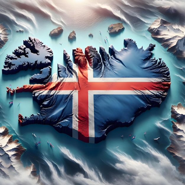 Photo iceland map with waving flag of country realistic photo