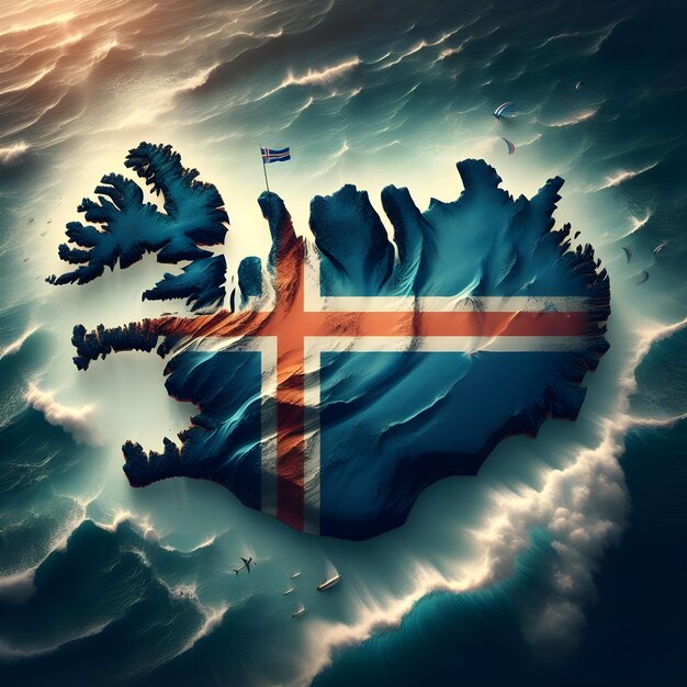 Photo iceland map with waving flag of country realistic photo