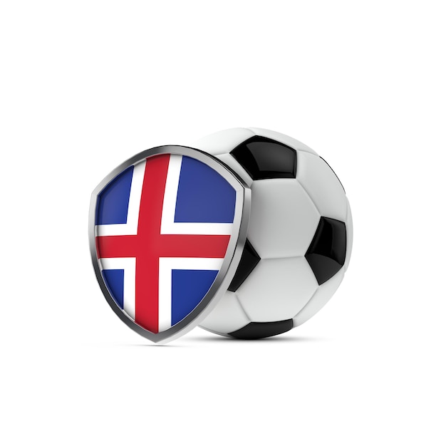 Iceland national flag shield with a soccer ball 3D Rendering