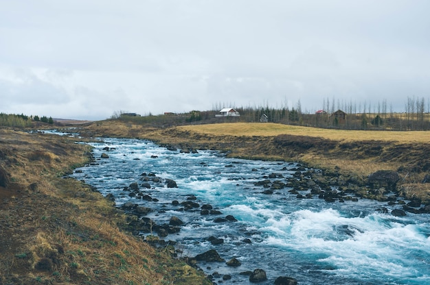 Iceland nature landscape waterfall river village