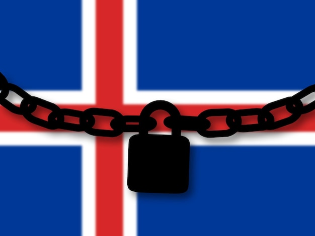 アイスランドのセキュリティ国旗の上のチェーンと南京錠のシルエット
