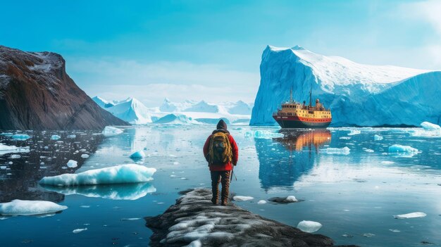 Iceland on the shore of the frozen sea the girl looks at the ship