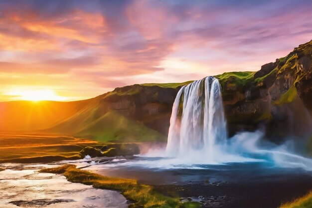 iceland waterfalls sun rising from the back