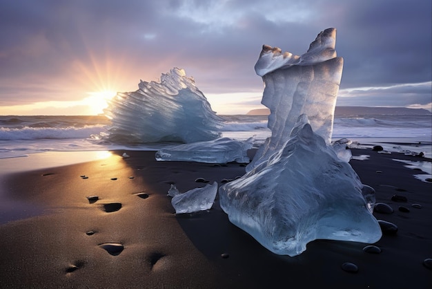 Icelandic Beachscape Stunning View of Volcanic Terrain and Waving Iceberg in Glacial Lake