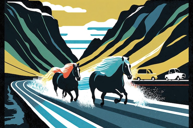 Исландские лошади всех мастей скачут галопом по дороге к знаменитому водопаду Скоугафосс.